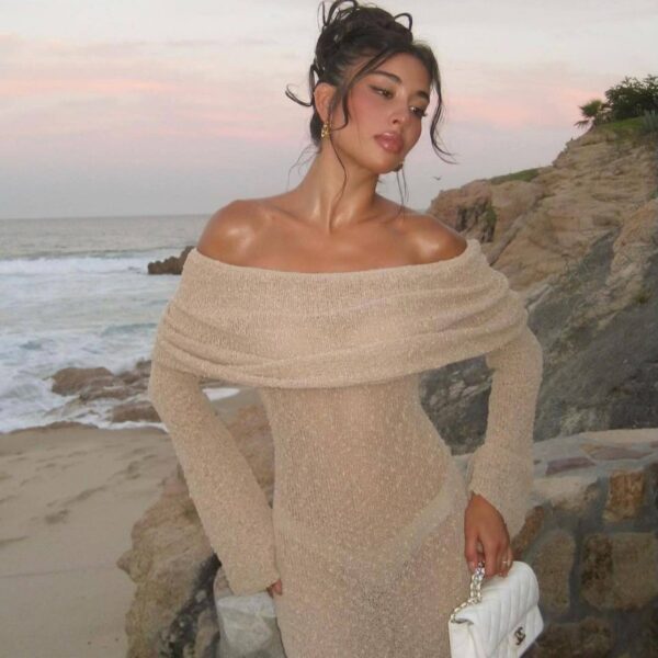 New One-shoulder Knitted Long-sleeved Dress Sexy Beach Holiday Long Dresses Womens Clothing - Image 7