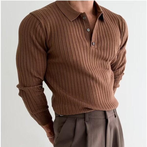 Lapel Button Long Sleeve Polo Shirt Slim Fashion Solid Striped Knitted Bottoming Shirt Top Men's Clothing - Image 2