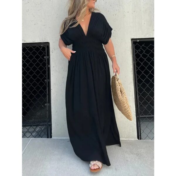 Fashion Bat-sleeved V-neck Slit Dress Summer Short Sleeve Elastic Waist Long Dresses Womens Clothing - Image 6