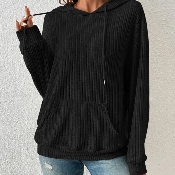 Fashion Drawstring Long-sleeved Hooded Sweatshirt With Pockets Solid Sunken Stripe Hoodie Knitwear Womens Clothing - Image 7