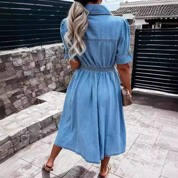 Women's Single-breasted Lapel Denim Dress Ins Fashion Temperament Slim-fit Short-sleeved Dress Summer - Image 3